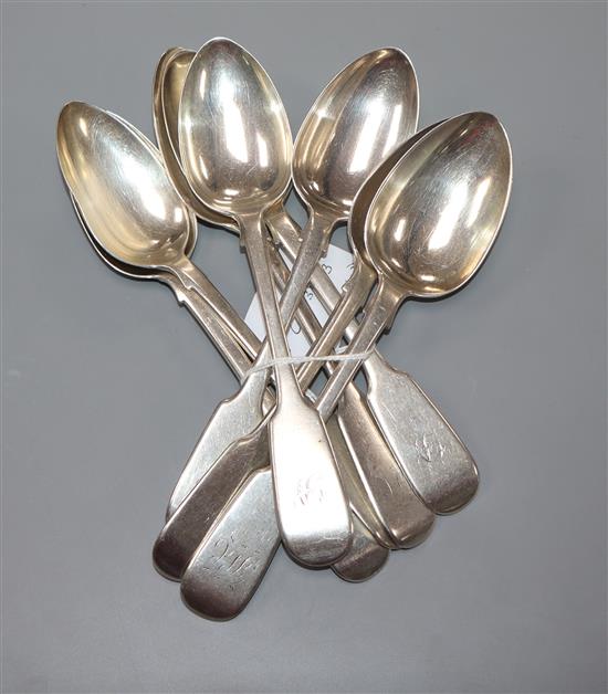 A set of six early Victorian silver fiddle pattern dessert spoons, William Eaton, London, 1839 and two others, London, 1837,